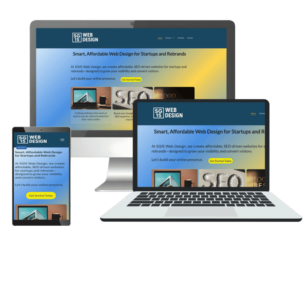 A website displayed on a laptop, desktop and mobile