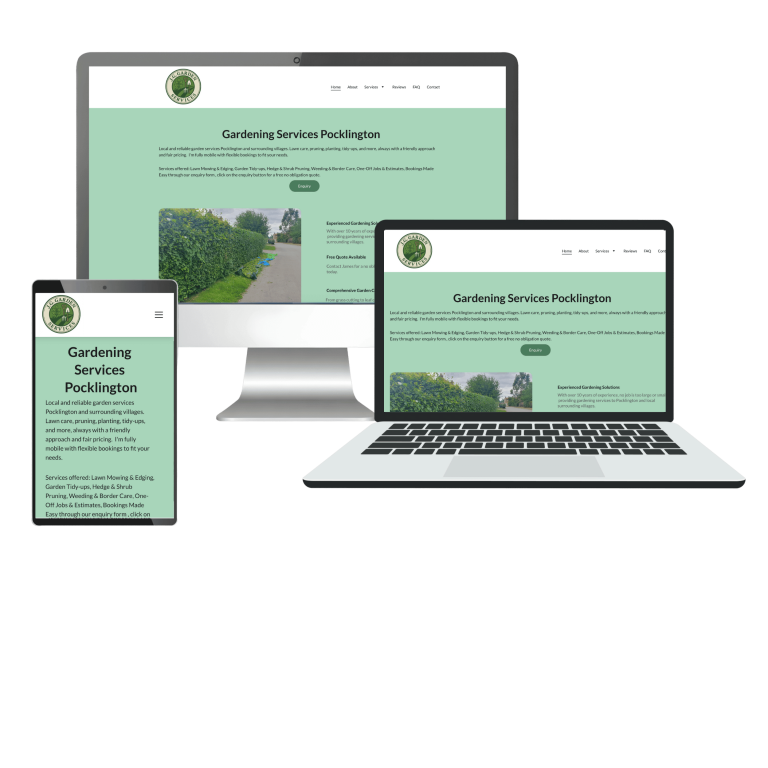 Home Responsive design shown website on a laptop, mobile and desktop.